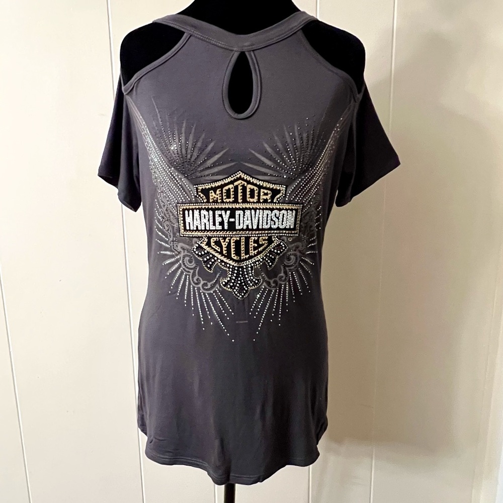 Harley Davidson top charmed wings cold shoulder keyhole medium NWT - Picture 5 of 14